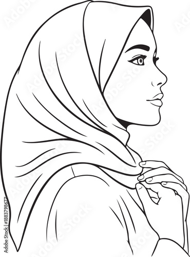 Line art profile illustration of a beautiful Muslim woman wearing a hijab