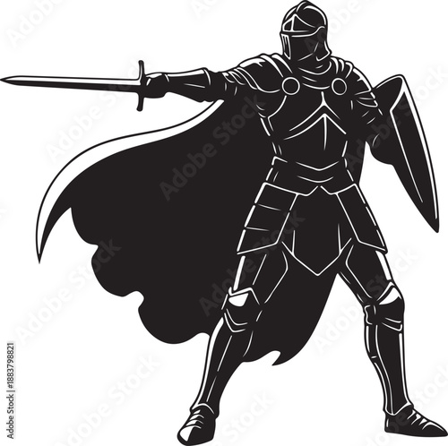 Brave Medieval Knight Warrior in Plate Armor Holding Sword and Shield Isolated.