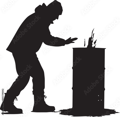 Silhouette of Man Warming Hands by Fire in Barrel Vector Illustration