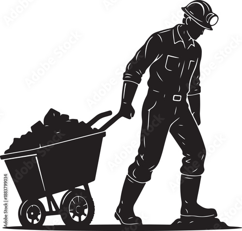 Coal Miner Pushing Mining Cart Full of Ore or Coal - Black Silhouette Illustration