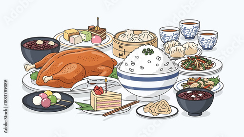 Assorted Dishes and Desserts on Plates.