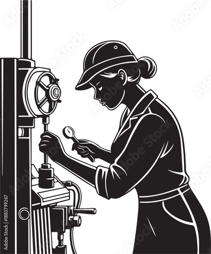 Female skilled worker operating drill press in black and white illustration
