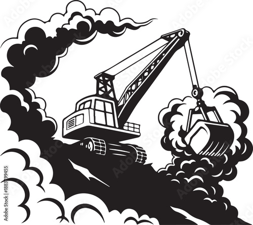 Heavy Duty Dragline Excavator Digging Coal or Earth Monochromatic Illustration