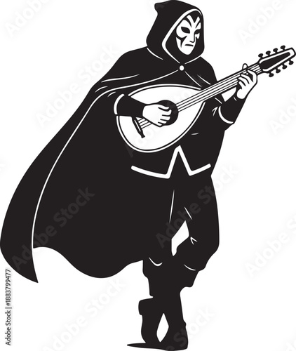Fantasy Rogue Bard Playing Mandolin in Cloak and Mask Black Silhouette