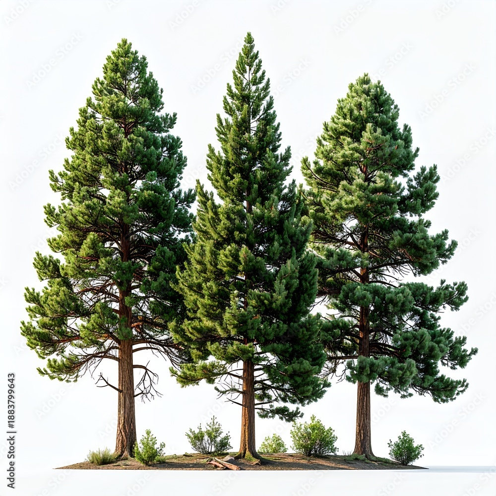 Fototapeta premium Three majestic pine trees standing tall against a clear white background, showcasing their vibrant green needles and sturdy trunks.