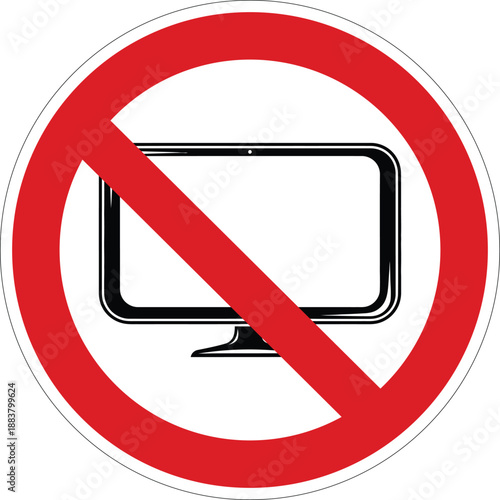 Clearly visible restriction sign showing a computer monitor crossed out within a bold circular symbol