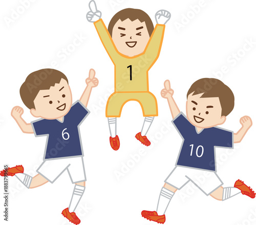 サッカーの試合に勝ち、ナンバーワンのポーズを取って喜ぶ男の子たち