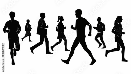 Group of diverse people running in silhouette style.