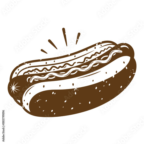 Drawing Vintage grunge  texture Brown hot dog with white filling and condiments on a white background