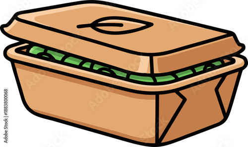 Eco friendly food container with green contents and leaf symbol.