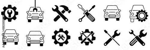 Car service icon set featuring repair, diagnostic, engine, garage, screwdriver, hammer, gear, and tool symbols, editable stroke vector illustrations ideal for auto repair shops, maintenance services, 