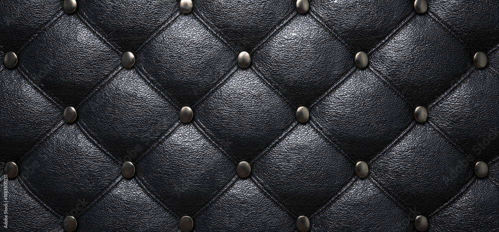 Fototapeta premium Close-up of black, textured upholstery featuring diamond stitching and metal studs. Luxurious and elegant