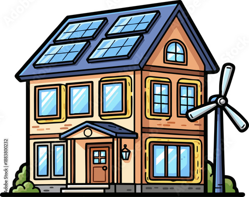 Eco-friendly house with solar panels and wind turbine.
