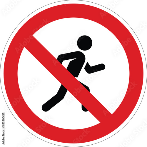 Round forbidden sign prohibiting running activity, ideal for hallways, schools, swimming pools, or construction sites