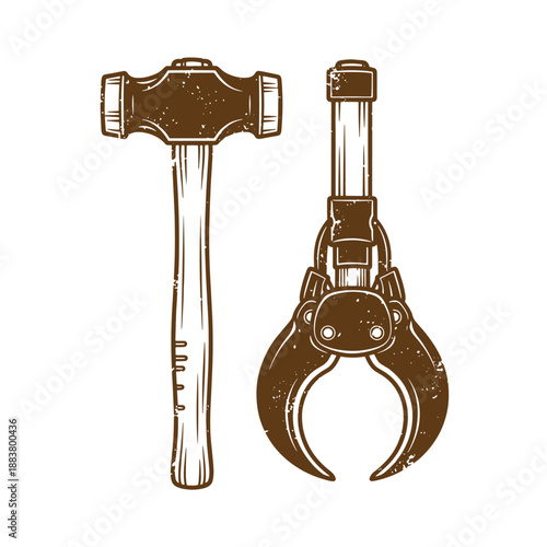 Drawing Vintage grunge  texture Brown illustration of a hammer and pliers on white background