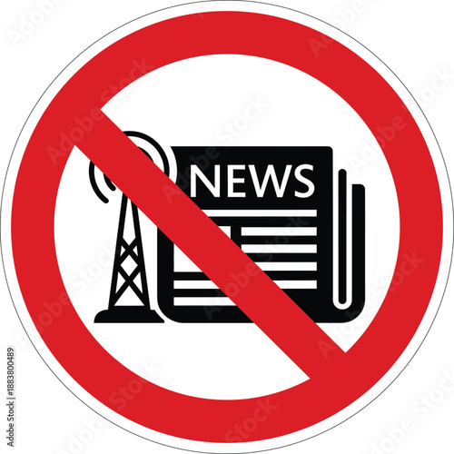 Round prohibition sign with a newspaper and broadcast tower indicating no news reporting or transmission