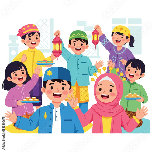 Children Celebrating Eid with Lanterns and Gifts.