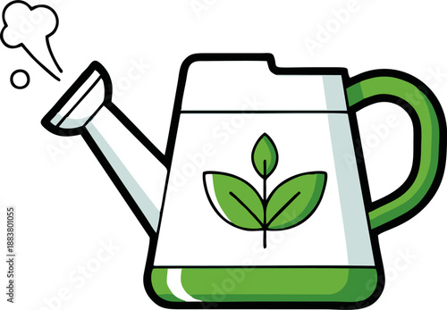 Green and white watering can with a leaf emblem and water droplets.