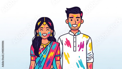 Happy Indian couple celebrating Holi festival with colored powder traditional attire vector illustration for cultural events and invitations