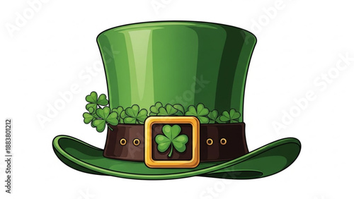 Green leprechaun hat with shamrocks and buckle St Patricks Day symbol for Irish celebration isolated on white background