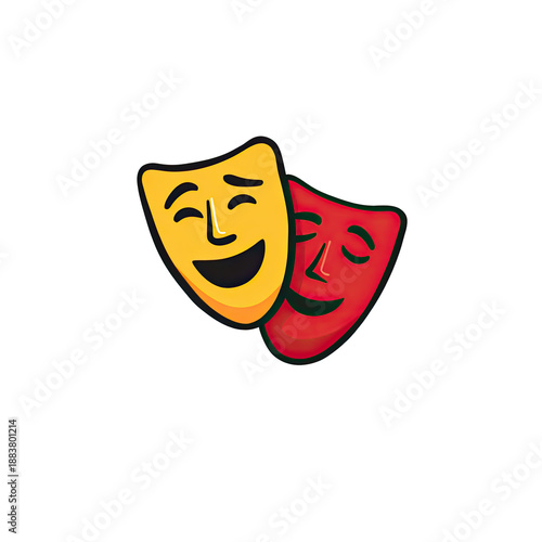 Cartoon-style logo with two theater masks, one yellow and happy, the other red and sad, against black