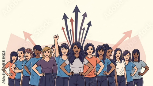 Diverse group of women standing together with arrows pointing upwards symbolizing empowerment success and teamwork in business and life