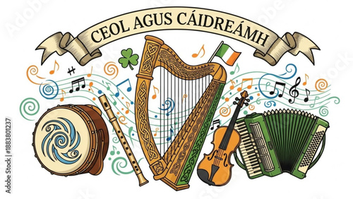 Irish traditional music instruments including a harp bodhrn tin whistle fiddle and accordion with musical notes and shamrock celebrating Irish culture and heritage