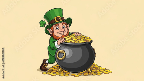 Leprechaun with pot of gold coins St Patricks Day character Irish folklore symbol for luck and wealth isolated on light background