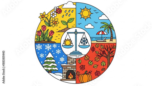 Circular illustration of four seasons with scales in the center representing balance between summer and winter ideal for climate change concepts