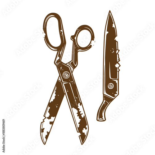 Drawing Vintage grunge  texture Brown illustration of scissors and pocket knife on white background