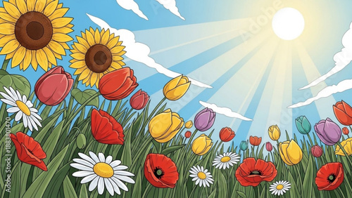 Vibrant field of sunflowers tulips and daisies under a bright sunny sky perfect for spring and summer themes nature illustration
