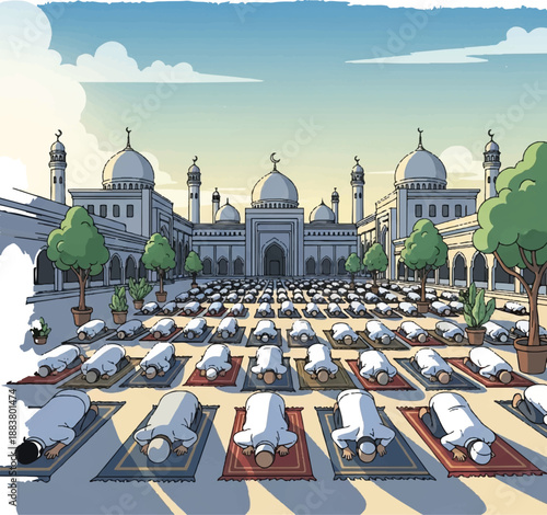 Muslim Worshipers Praying Outside Mosque.