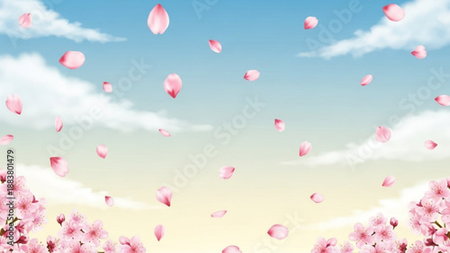 Falling cherry blossom petals against a blue sky with clouds a beautiful spring scene for nature and seasonal backgrounds