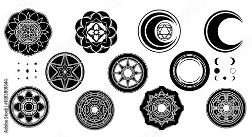 Esoteric sacred geometry and celestial symbols set vector illustration