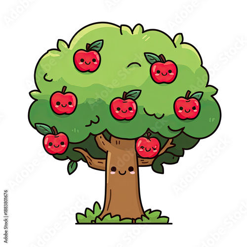 Cartoon apple tree with cute, smiling apples against a black background