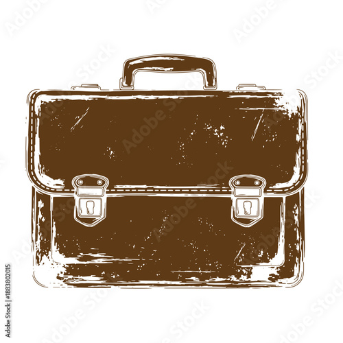 Drawing Vintage grunge  texture Brown leather briefcase with handle and metal clasps isolated on white background