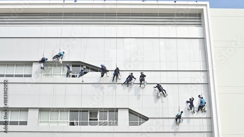 A team of window cleaners skillfully works on a high-rise building, showcasing precision and teamwork