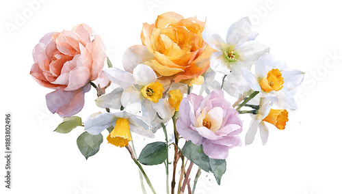 Watercolor bouquet roses and daffodils in shades of peach, orange, pink, and white