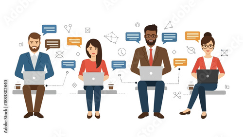 Diverse team collaborating online using laptops with chat bubbles and network diagrams