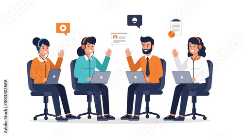 Diverse team collaborating online with laptops and headsets, video calls