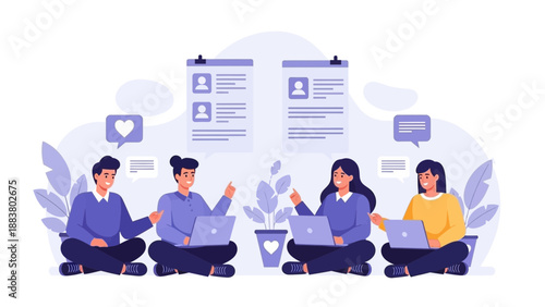 Diverse team collaborating online with laptops, resume profiles and social media icons