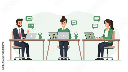 Diverse team collaborating remotely via video conference on laptops