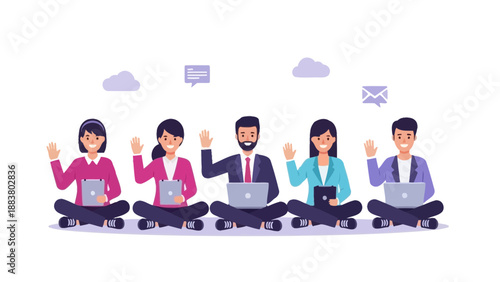 Diverse Team Waving Hello, Working on Laptops and Tablets