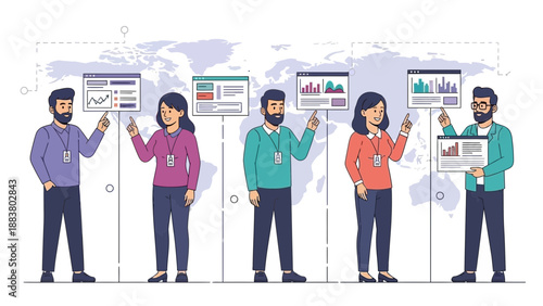 Diverse team presenting global business analytics and strategy