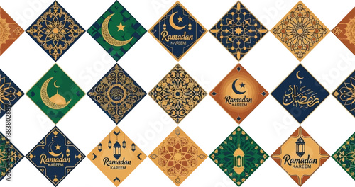Ramadan Kareem decorative elements with Arabic calligraphy and crescent moon