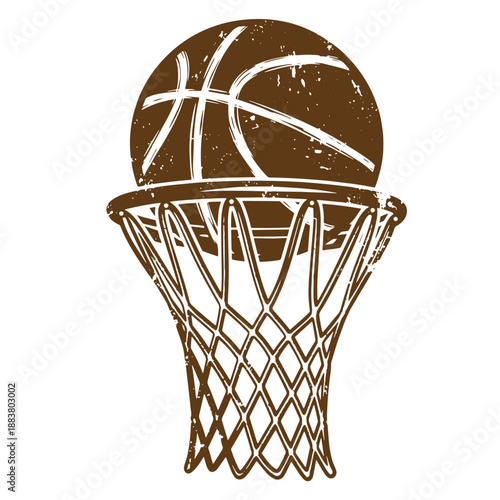 Drawing Vintage grunge  texture Brown basketball going through hoop with white background