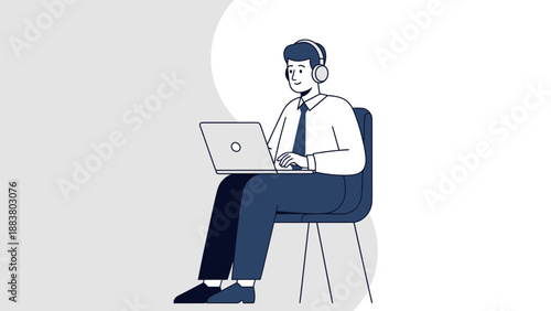 Man in headphones working on laptop, sitting on chair, modern illustration
