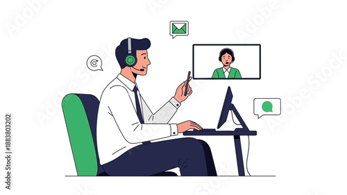 Man on Video Call with Support Agent, Online Customer Service Concept