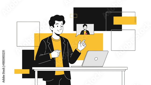 Man on video call, working remotely, business meeting, online communication