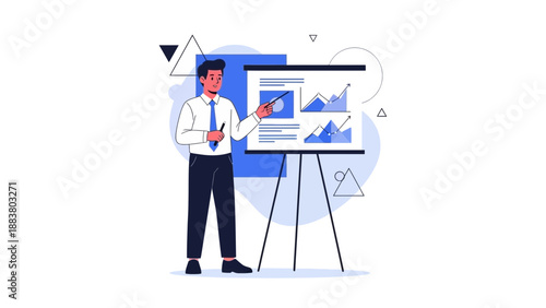 Man presenting business growth charts on a whiteboard, modern illustration